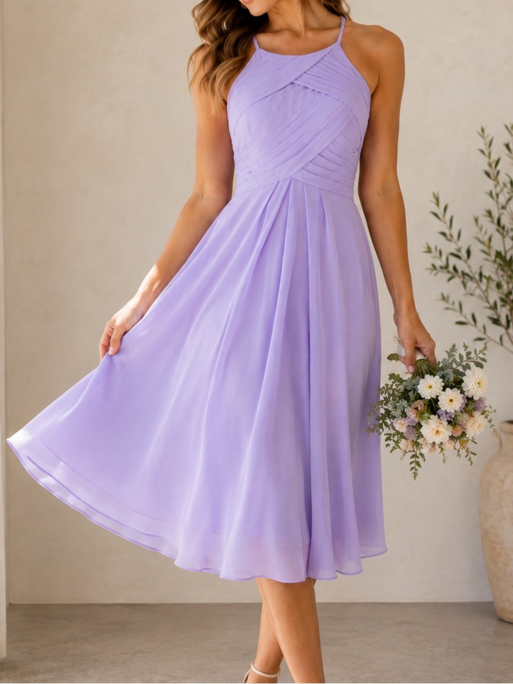 AW Bridal Lavender Chiffon Midi Dress Size 8 Pleated Halter Wedding formal
